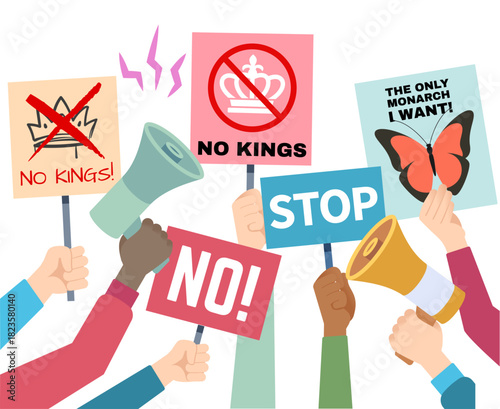 No monarchy protest. Hand hold banners and placard with stop king and queen signs. People on demonstration. Activists political freedom, parade flags, human rights vector cartoon concept