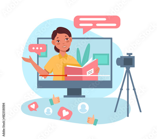Maintaining personal blog. Girl is recording video, monitor and camera. Blogger social media content. Vlog and webinar broadcast. Reading blog. Cartoon flat isolated Vector concept