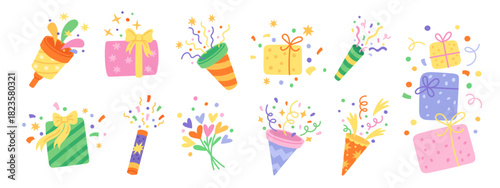Festive party elements. Birthday celebration decorations, firecrackers, poppers with confetti, gifts in patterned wrapper, doodle isolated elements. New Year and Christmas garish vector set