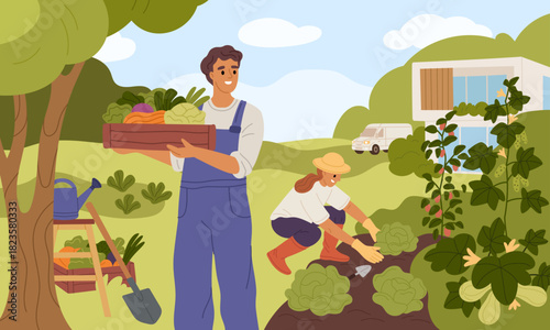 Gardener works. Happy farmers couple harvesting, vegetable beds, fresh organic products, family agriculture planting, plantation summer landscape, cartoon isolated garish vector concept