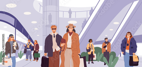 Fashionable people in mall. Happy byers with shopping bags walking around boutiques, multi layered casual outfits, trendy garment cartoon flat isolated men and women garish vector concept
