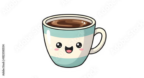 Cute coffee mug with happy face cartoon illustration isolated on transparent background