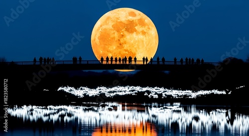 A breathtaking view of a large, luminous orange full moon hovering over a dark landscape with a reflective body of water in the foreground and silhouetted figures