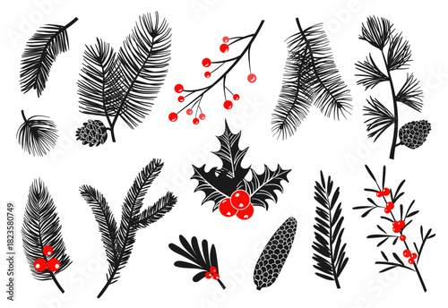 Christmas plants black icons. Winter holiday traditional decorations, fir forest tree silhouette elements, red berries and cones, holly, mistletoe and pine, isolated flat splendid vector set