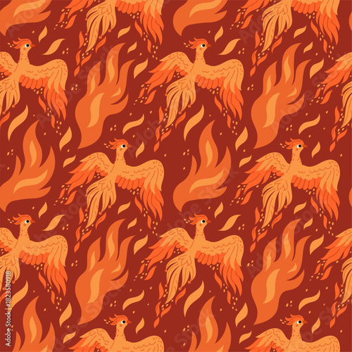 Cartoon phoenix seamless pattern. Repeated burning mythical bird, fairy tale magic creature, rebirth symbol. Textile, wrapping paper, wallpaper. Print for fabric garish vector red background