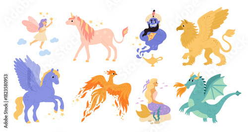 Cartoon mythical creatures. Fabulous characters, fairytale animals and people, jin, fairy, dragon, legendary folklore phoenix and pegasus, mermaid and unicorn garish vector isolated set