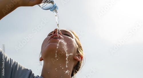Young woman pouring water on her face to cool down on a hot summer day, feeling refreshed and hydrated under a bright sky