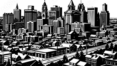 Very beautiful Lancaster City, Pennsylvania skyline in a soft tilt-shift aerial panorama, highlighting charming downtown architecture, compact urban blocks, and a gentle miniature-effect atmosphere in