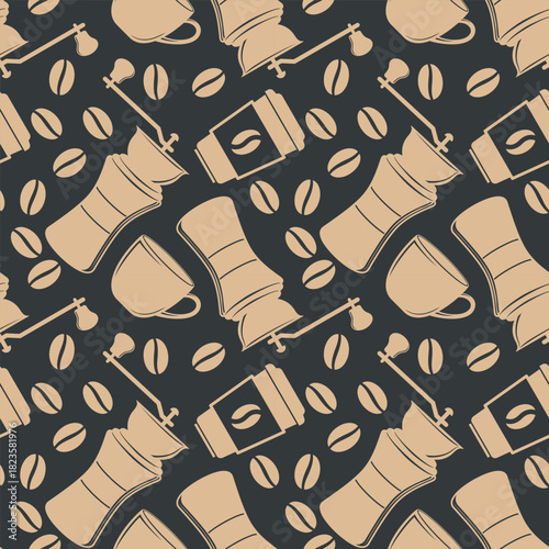 Coffee cup and coffee mill seamless pattern. Vector illustration
