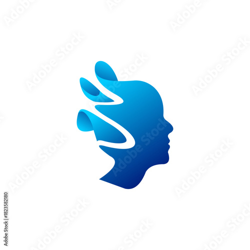 Artificial intelligence concept with a human head silhouette dissolving into fluid digital waves, a logo for technology and innovation