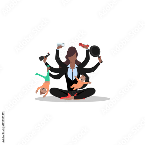 A powerful business woman in a meditative yoga pose, multitasking with multiple arms to juggle career, motherhood, and household chores, symbolizing modern work-life balance