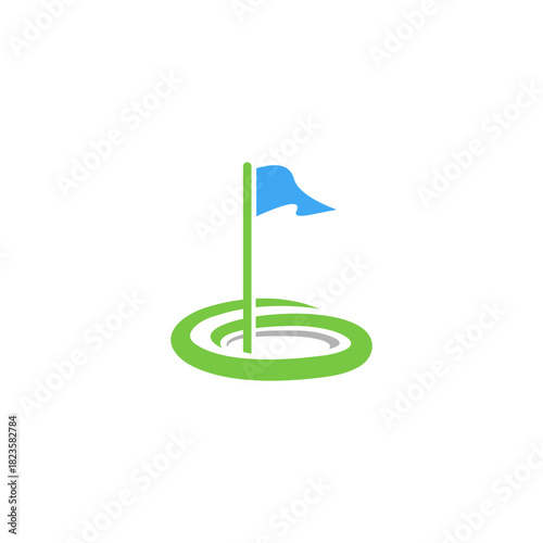 Minimalist golf hole icon with a blue flagstick on a green putting green, vector logo design for sports and leisure concepts
