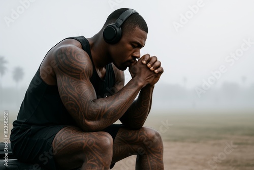 Focused athlete with headphones sitting outdoors, showing emotional strength and mental preparation before training in a foggy park environment. Ai generative