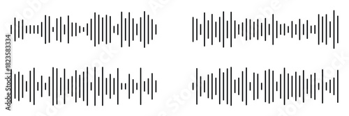 Podcast sound waves. Audio waveforms line icons, sound wave frequency or voice microphone signals. Minimal sound wave icon. Simple black waveform symbol representing voice message . 