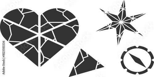 Broken heart, shattered triangle, compass rose, compass isolated on white background