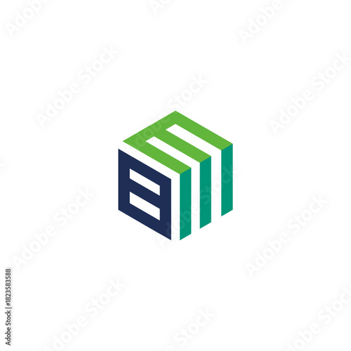 A modern monogram logo design featuring the initials B, M, and E combined to form a geometric cube or hexagon shape for a corporate brand identity