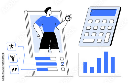 Person checking progress on fitness tracker app, calculator for data calculation, bar chart of performance. Ideal for health, productivity, technology, self-improvement, analytics, planning