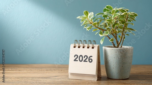 Desk calendar showing 2026 on wooden table with blue wall background and potted green plant, simple feminine composition in sunny light colors