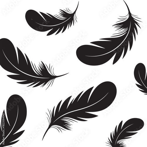 Seamless pattern of elegant black feathers gently floating and scattering across a pristine white background Vector