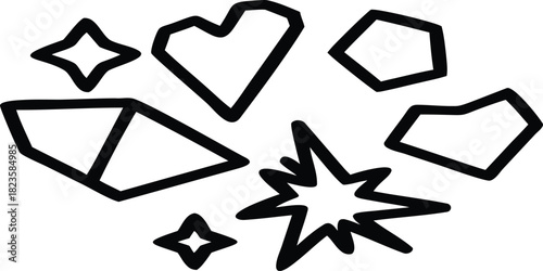 A collection of abstract geometric shapes, including a heart, stars, and various polygons, isolated on white background