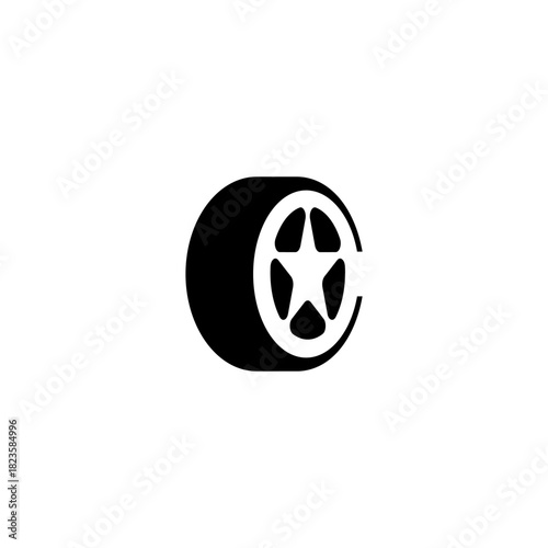 Minimalist black icon of a wheel with a star in the center, representing automotive service and performance. Vector logo concept for a car-related business