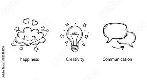 Cloud happiness creativity communication lightbulb stars speech bubbles idea innovation mind sharing thoughts