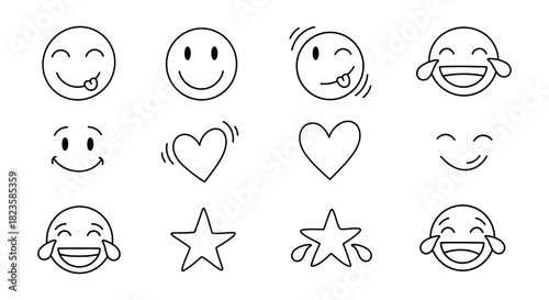 Collection of hand drawn emoji faces heart and star shapes expressing various emotions and feelings design