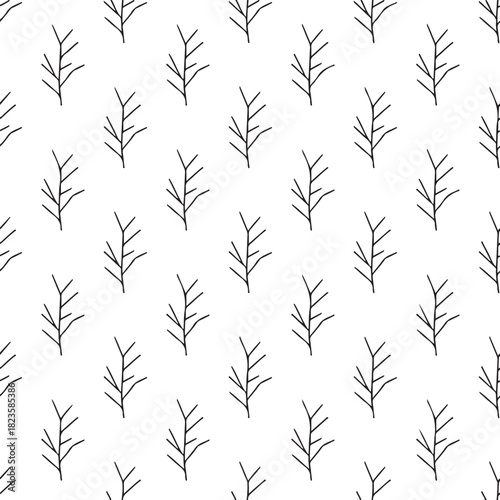 Minimalist hand-drawn branch seamless pattern on white background, simple organic twig doodle design element Vector