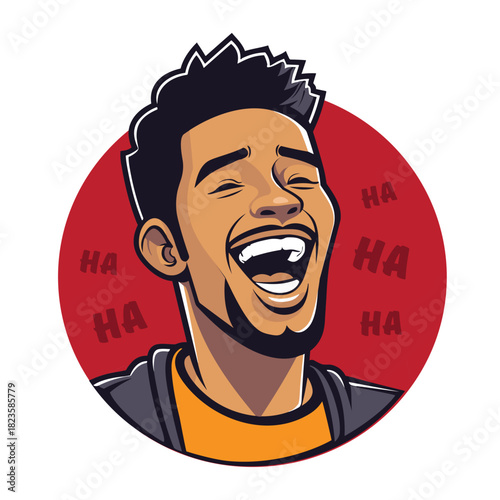 Dynamic Cartoon Man Laughing Out Loud on Red Circle Background (AI Generated)