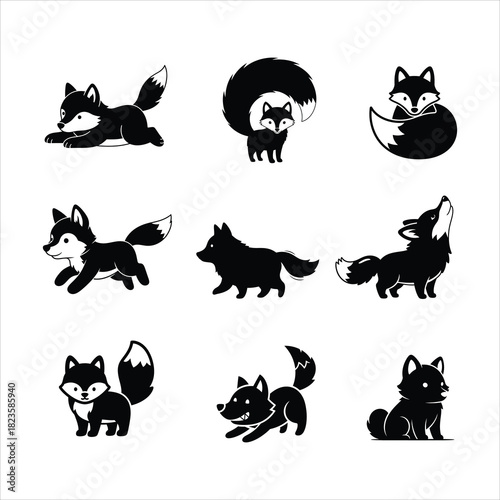 Collection of cute black and white fox illustrations. A minimalist set of animal mascot character icons