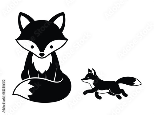 Charming Fox Duo A Playful Illustration of Foxes in Whimsical Black and White
