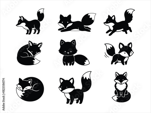 A charming set of simple black and white fox illustrations in various poses