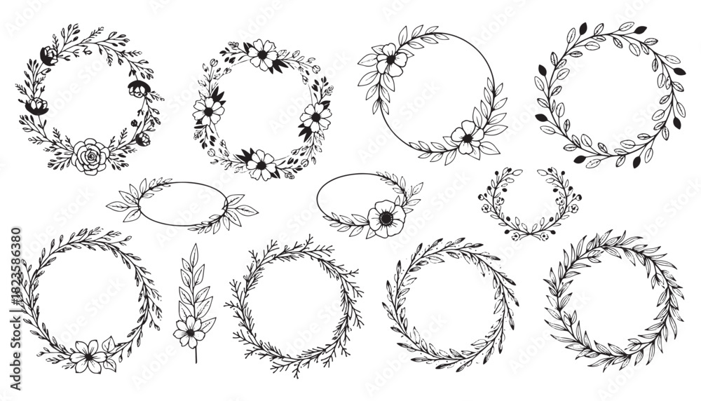 Fototapeta premium Hand-Drawn Floral Wreaths Vector Collection — 8 Elegant Circular Leaf and Flower Frames for Wedding, Invitation, and Decoration