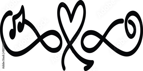 Elegant black line art illustration combining infinity symbols, a heart, and musical notes, isolated on white background