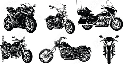 Detailed Monochrome Motorcycle Vector Illustrations, Featuring Sport, Chopper, Cruiser, and Touring Bikes for Transportation, Adventure, and Biker Culture Design.