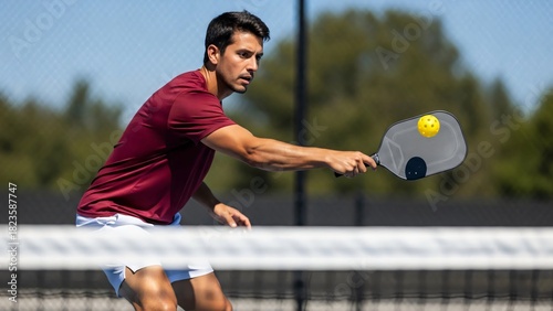 Canadian male pickleball athlete wearing a burgundy performance shirt and white shorts