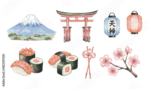 Watercolour Japan icons set: Mount Fuji, torii gate, sushi, sakura