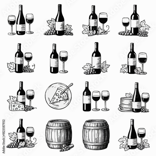 Wine and Grape Illustration Collection: Bottles, Glasses, Barrels, Cheese, and Pizza