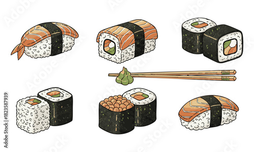 Fresh Japanese sushi collection: various rolls, nigiri, wasabi.
