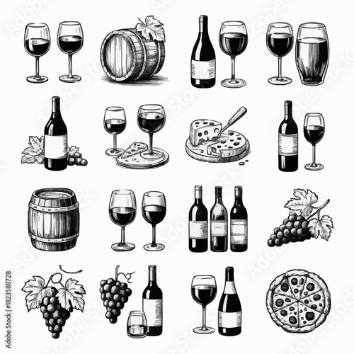 Wine Collection Engraving: Bottles, Glasses, Barrels, Grapes, Cheese Board, and Pizza