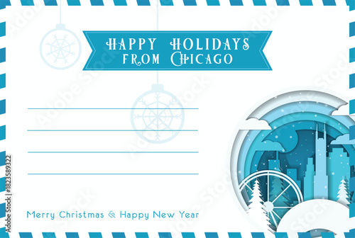 From Chicago Happy Winter Holidays postal card template. Vector blank postcard illustration for Christmas, New Year celebration with landmarks, message space layout