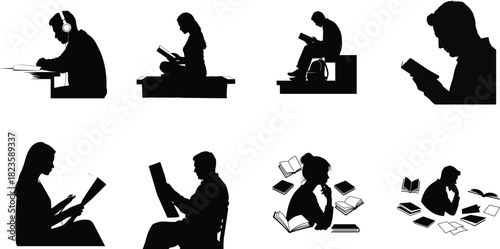 Silhouetted people reading and working in various poses and settings