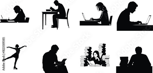 Silhouettes of people working studying and dancing in various poses