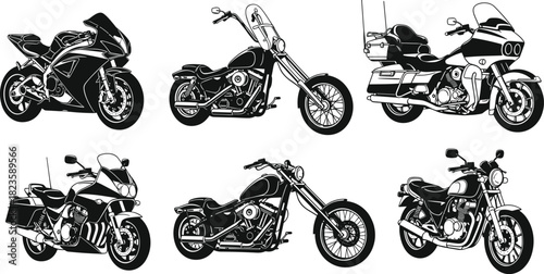 Motorcycle Silhouette Set: Diverse Collection of Chopper, Cruiser, Sport Bike, and Touring Motorcycles for Transportation, Travel, and Freedom Concepts.