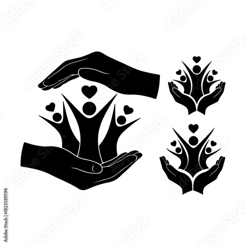 CHILD PROTECTION, PEOPLE PROTUCTION CONCEPT SILHOUETTE PACK Hands Forming Roof on family  Protection