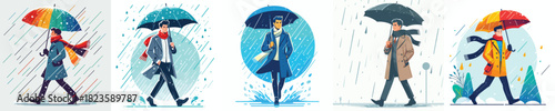 vector of man walking with umbrella in the rain