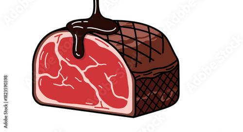 A vibrant illustration captures a delicious roast beef, revealing its marbled raw interior and perfectly seared exterior, as rich, savory gravy cascades.