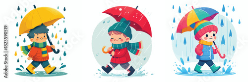 vector of little boy walking with umbrella in the rain