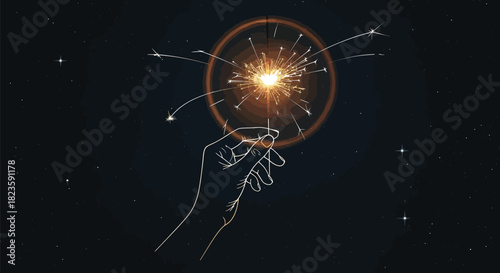Hand holding sparkler against a starry night sky creating a festive mood