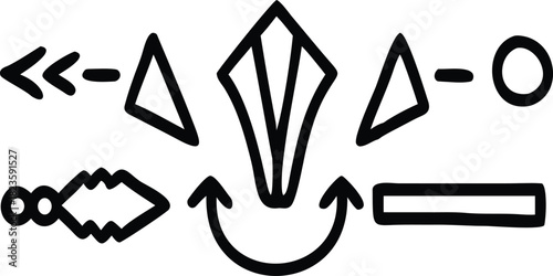 Abstract geometric shapes and arrows forming a complex conceptual diagram, isolated on white background